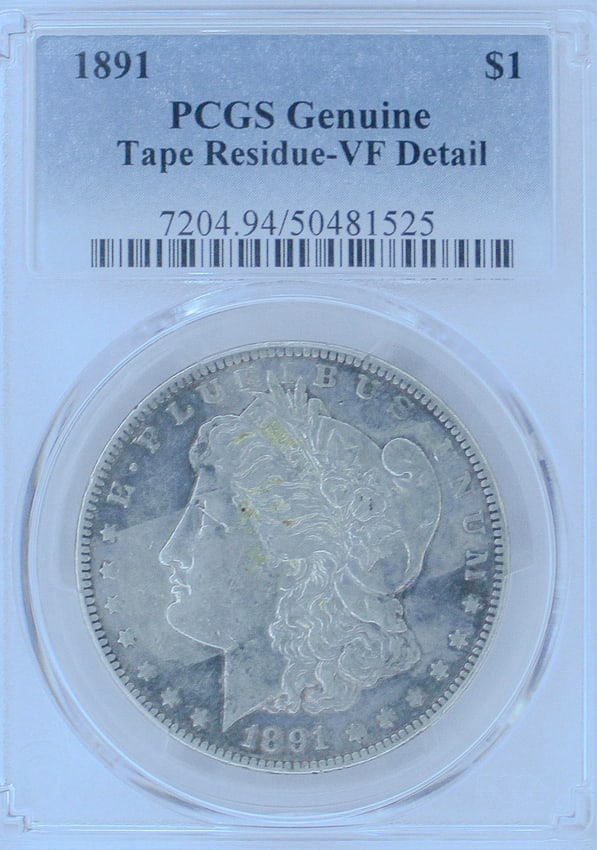 1891 Morgan Silver Dollar Genuine Tape Residue-VF Detail