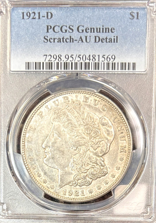 1921-D Morgan Silver Dollar Genuine Scratch-AU Detail