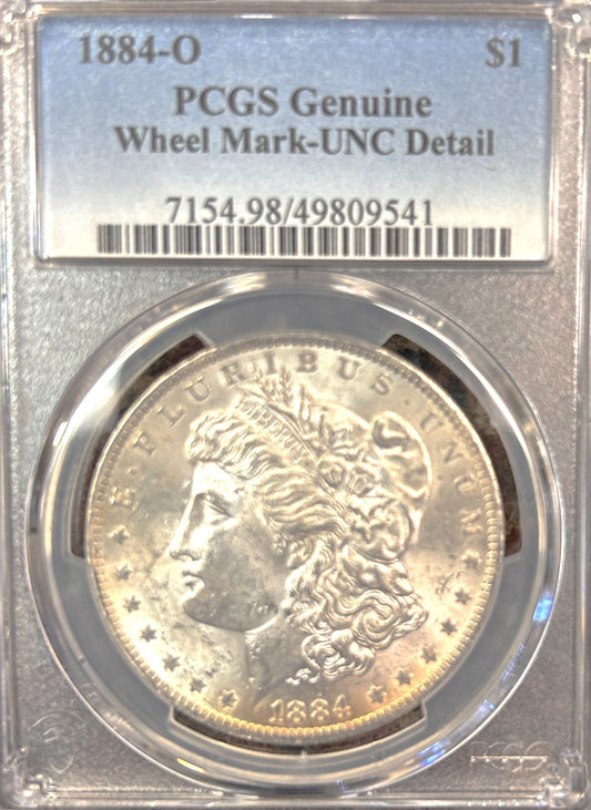 1884-O Morgan Silver Dollar Genuine Wheel Mark-UNC Detail